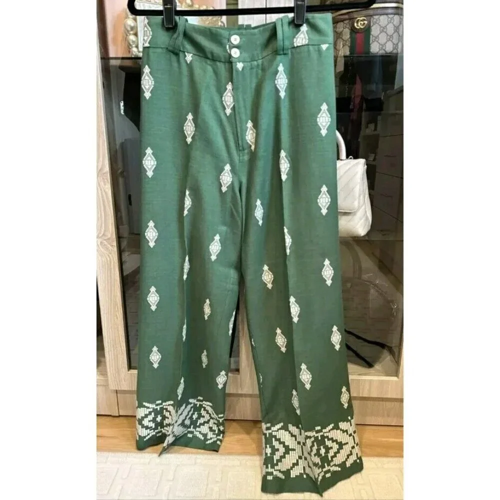 Zara Embroidery Linen High Waisted Straight Pants Size S 2731/240/500 BRAND NEW